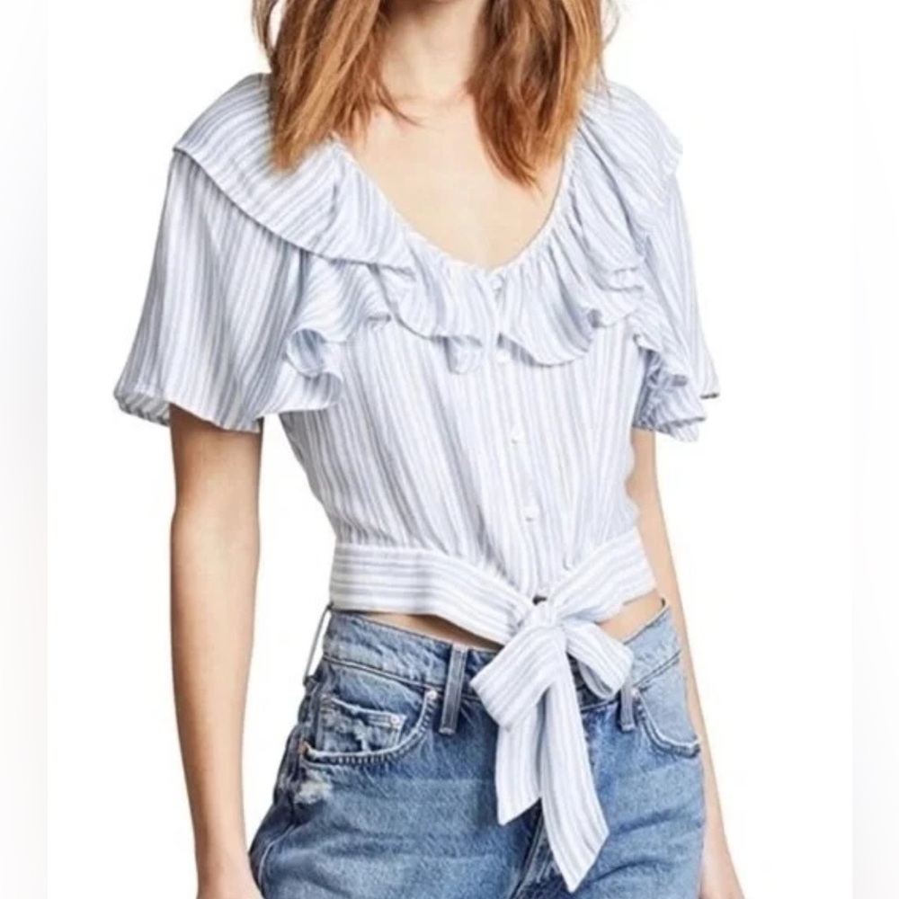 FREE PEOPLE ROSEMARY BLUE WHITE STRIPED BUTTON DOWN TIE FRONT RUFFLE TOP XS